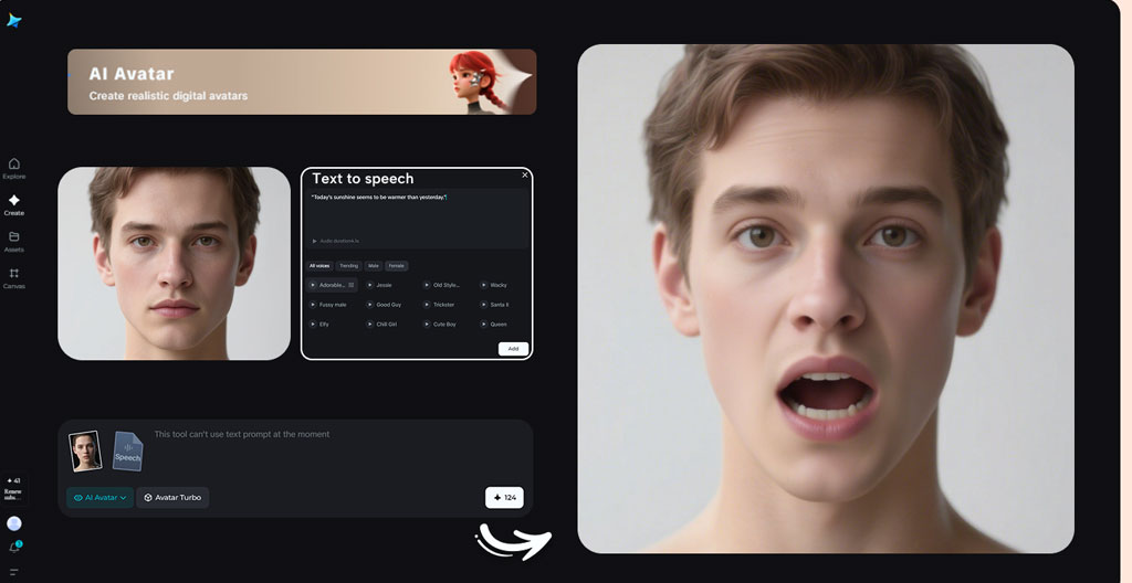 Nahaufnahme eines Bildschirms mit Avatar-Auswahl und Spracheinstellungen auf einer KI-Videoplattform