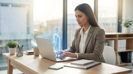 Eine Person gibt Text in eine KI-Plattform ein, um einen digitalen Avatar für ein professionelles Video zu erstellen