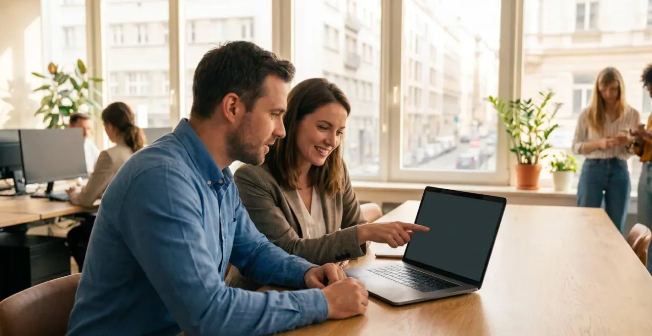 Kleines Büro-Team schaut gemeinsam auf einen Laptop, auf dem ein Onboarding-Video mit KI-Avatar läuft